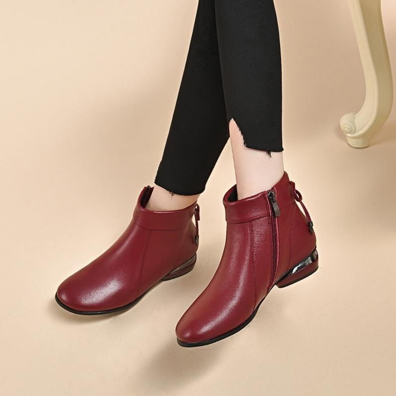 Low heel warm fleece leather casual boots
