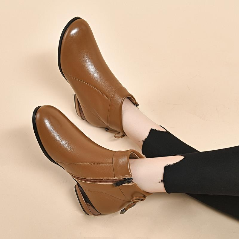 Low heel warm fleece leather casual boots