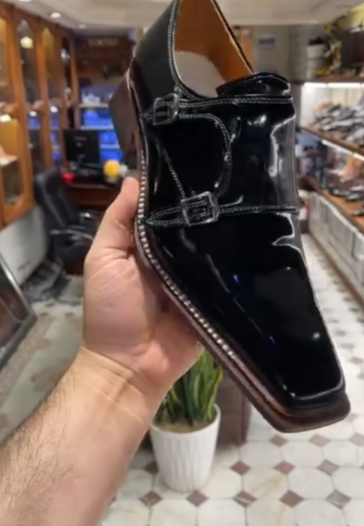 Men's shiny square-headed square-root leather shoes