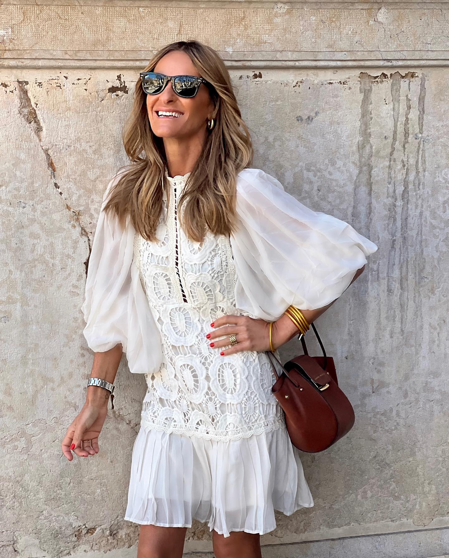 White Puff Long Sleeve Lace Dress