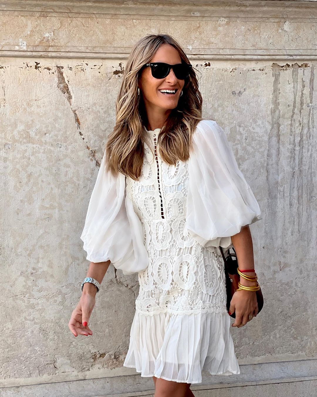 White Puff Long Sleeve Lace Dress