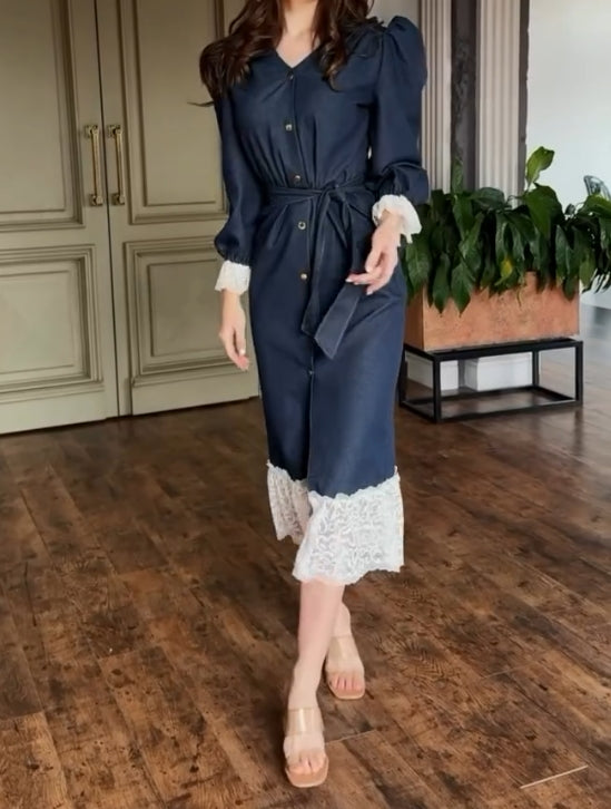 Lace stitching denim dress