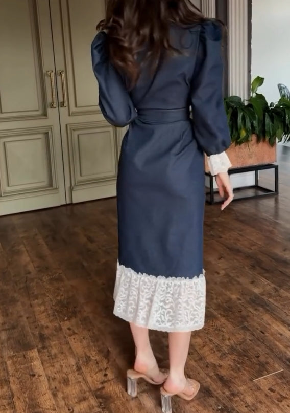 Lace stitching denim dress