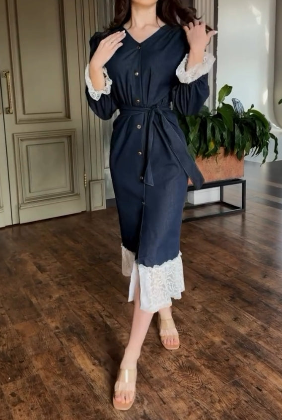 Lace stitching denim dress