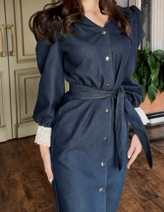 Lace stitching denim dress