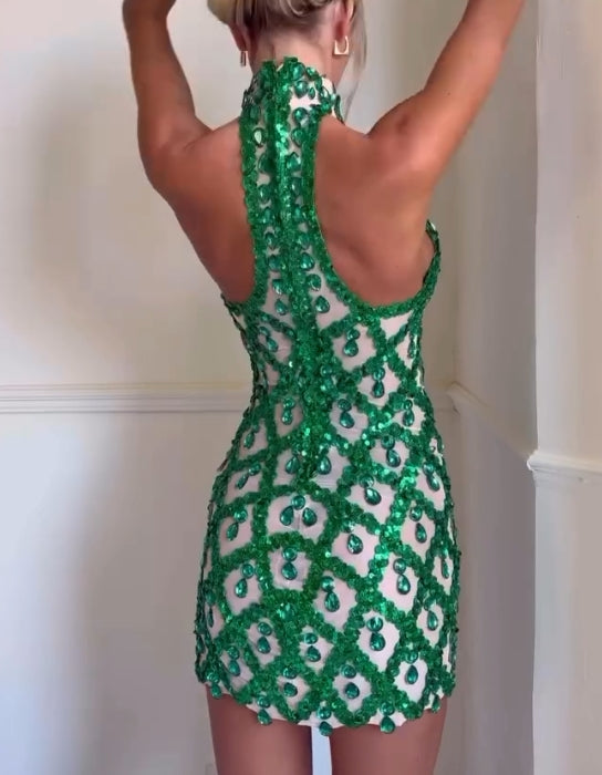 Sequin Crystal Mini Dress In Green