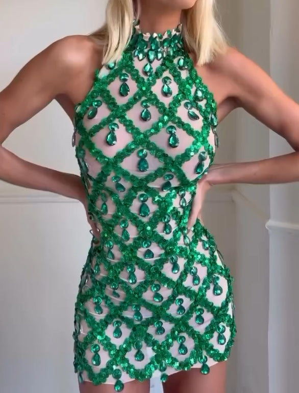 Sequin Crystal Mini Dress In Green