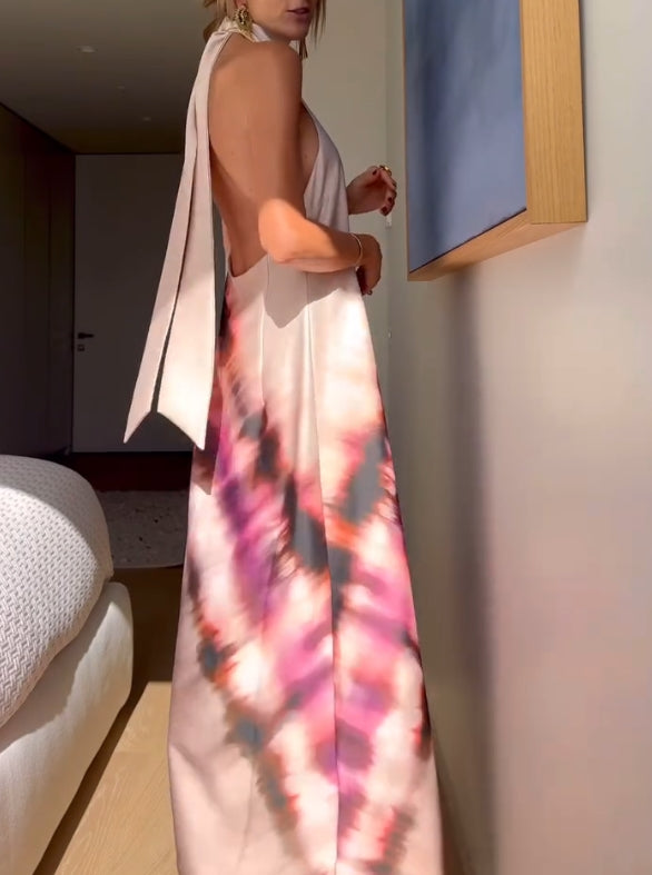 Printed hanging neck backless printed skirt