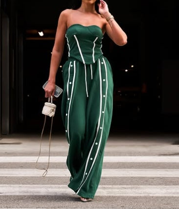 Side Two Stripes Tube Top AndFlare Pants Set