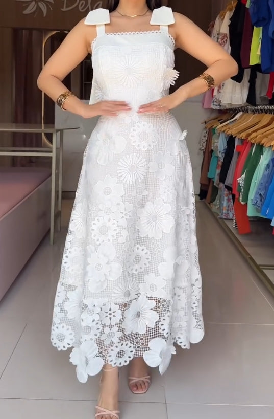 White bow lace embroidered dress