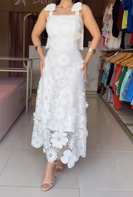 White bow lace embroidered dress