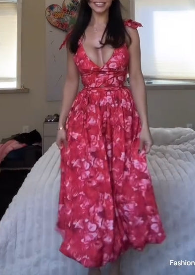 Spring flower sling low-cut dress