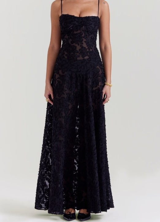 black floral lace back maxi dress
