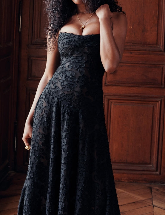 black floral lace back maxi dress