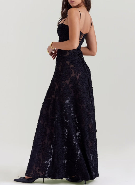black floral lace back maxi dress
