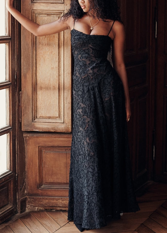 black floral lace back maxi dress