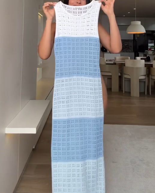 Summer Contrast Color Knitted Hollow Out Sleeveless Tank Dress