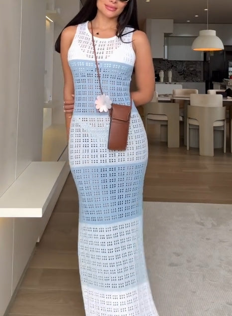 Summer Contrast Color Knitted Hollow Out Sleeveless Tank Dress