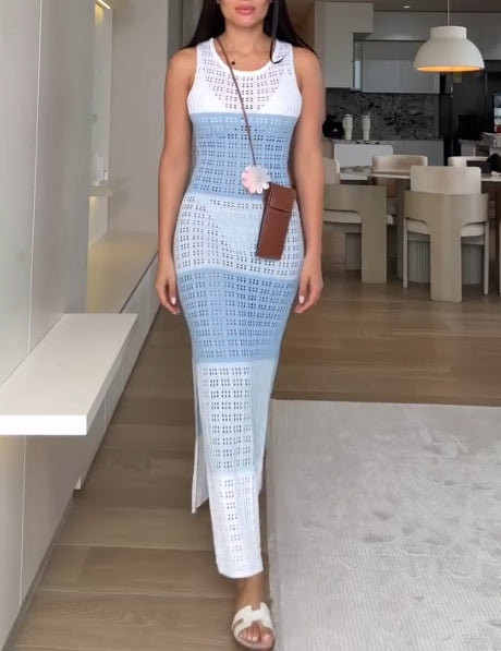 Summer Contrast Color Knitted Hollow Out Sleeveless Tank Dress