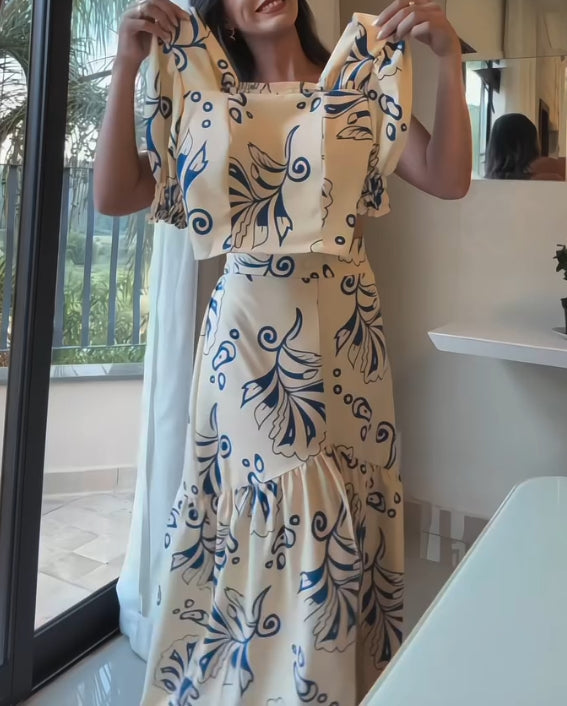 Elegant blue floral print skirt two-piece suit