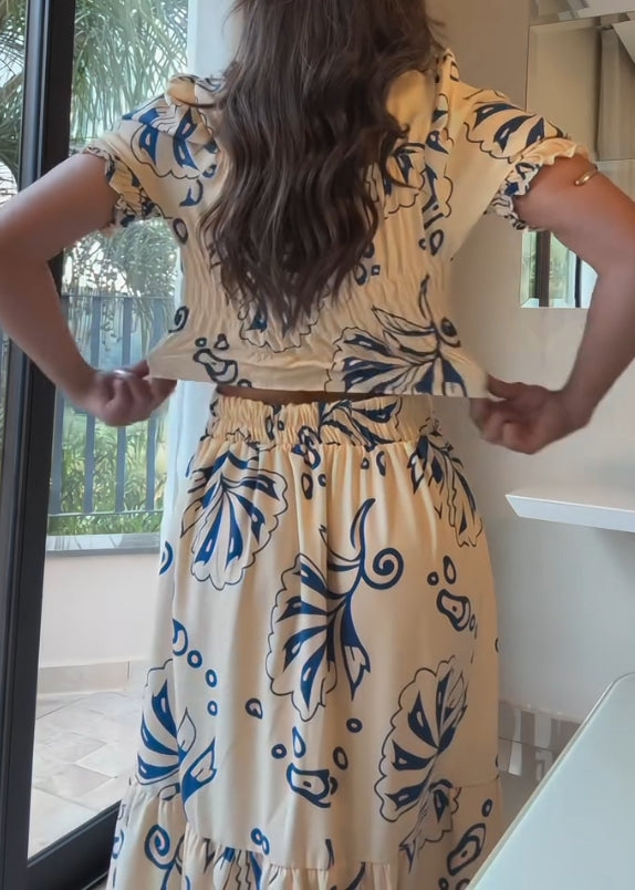 Elegant blue floral print skirt two-piece suit