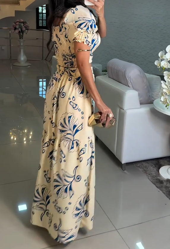 Elegant blue floral print skirt two-piece suit