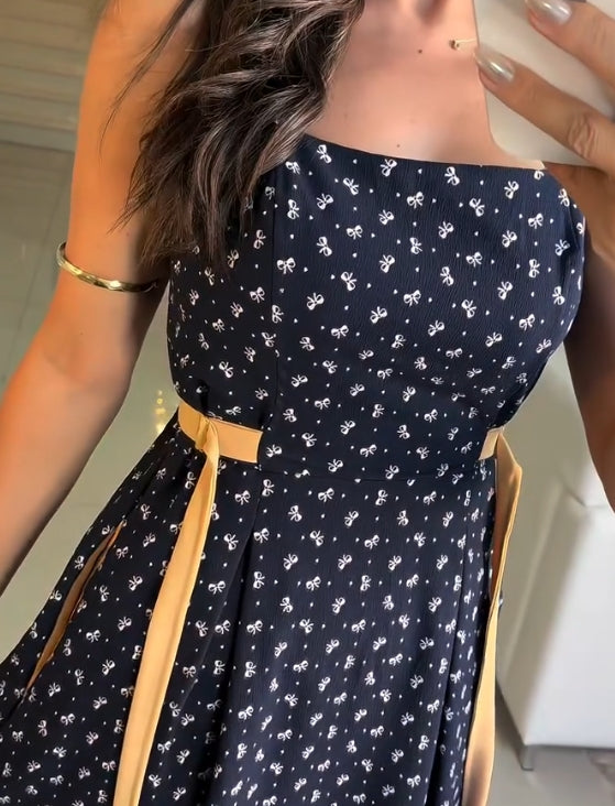Bow print suspender casual skirt
