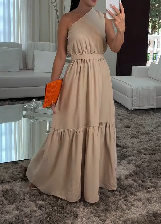 Solid color one-shoulder casual skirt