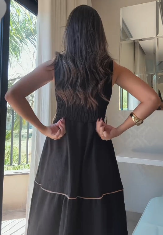 Sleeveless belt casual black skirt
