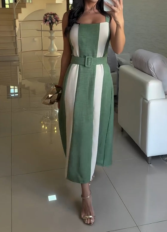White and green stitching belt casual dress