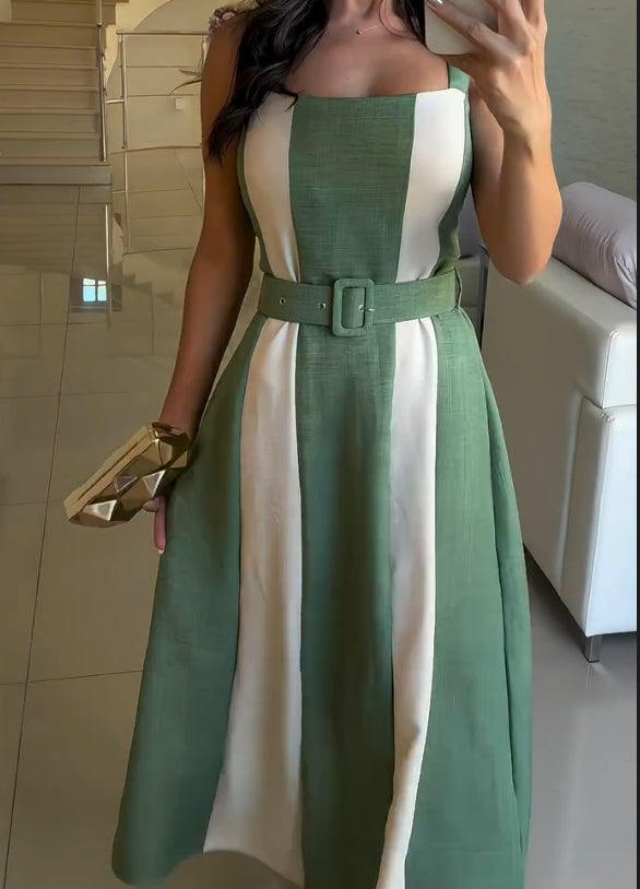 White and green stitching belt casual dress