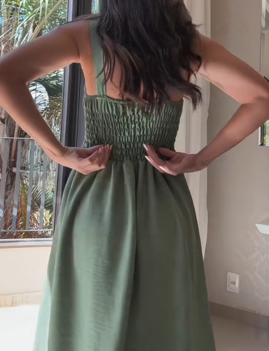 White and green stitching belt casual dress