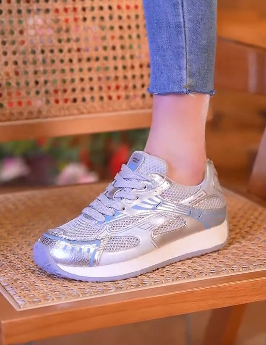 Silver glossy breathable casual sports shoes