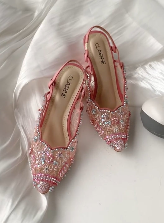 Handmade pearl mesh high heels