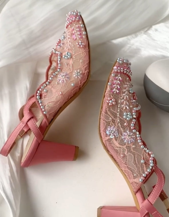Handmade pearl mesh high heels