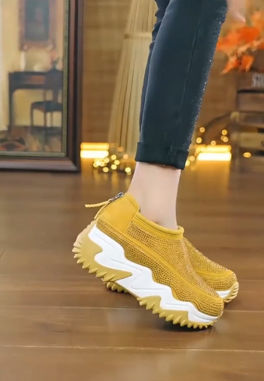 Heighten rhinestone leather cloud sole casual shoes