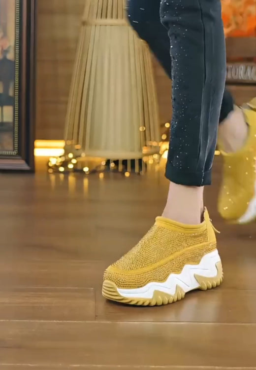 Heighten rhinestone leather cloud sole casual shoes