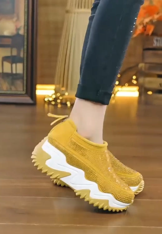 Heighten rhinestone leather cloud sole casual shoes