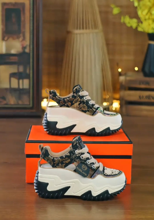 Golden printed black casual breathable shoes