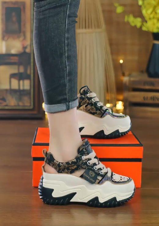 Golden printed black casual breathable shoes