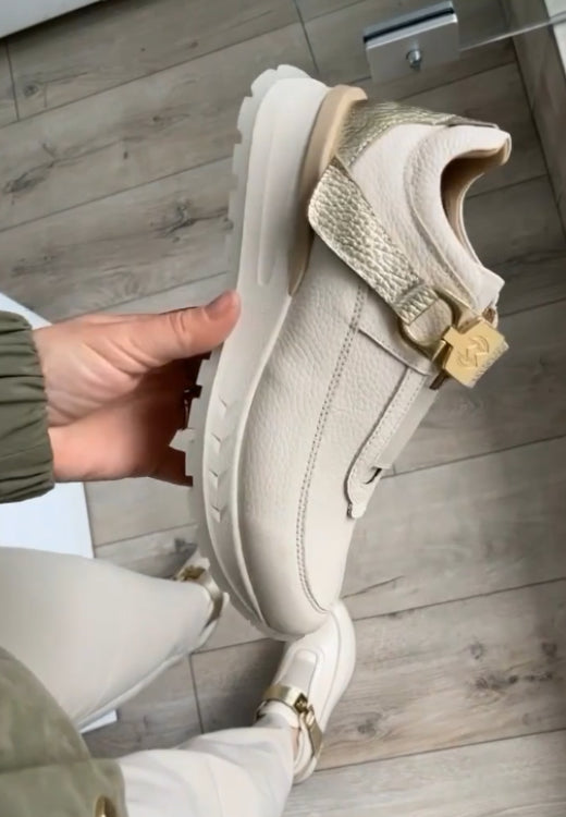 Elegant gold pocket white casual shoes