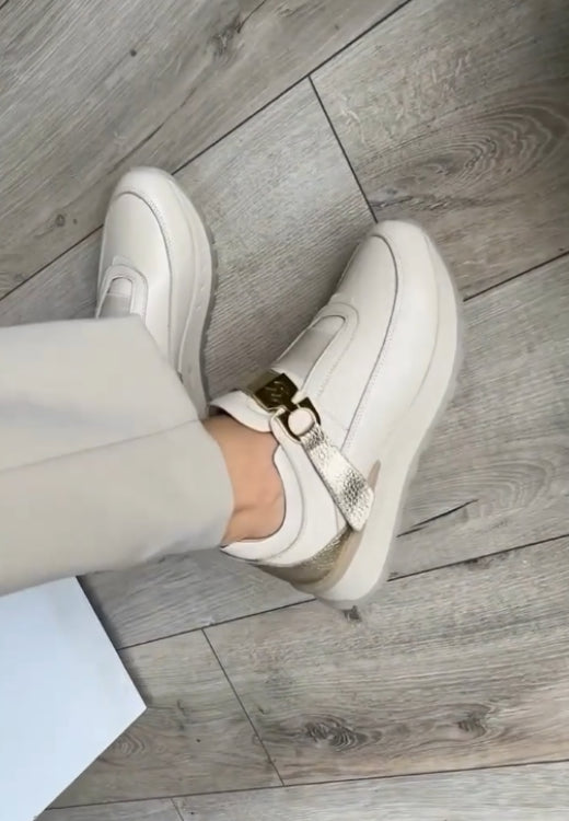 Elegant gold pocket white casual shoes