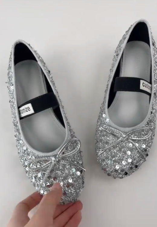 Silver sequined bow casual shoes