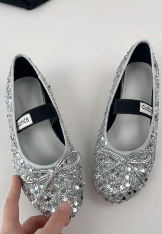 Silver sequined bow casual shoes