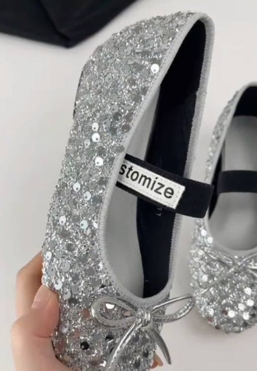 Silver sequined bow casual shoes