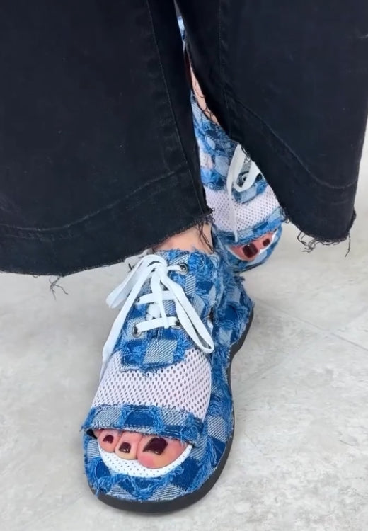 Fishing net patchwork denim breathable sandals