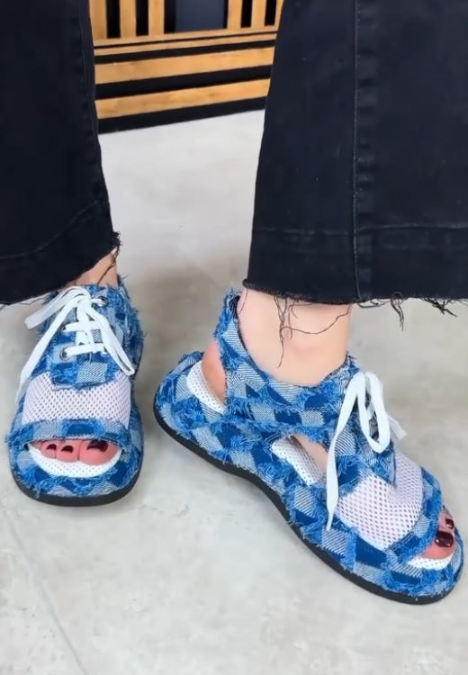 Fishing net patchwork denim breathable sandals