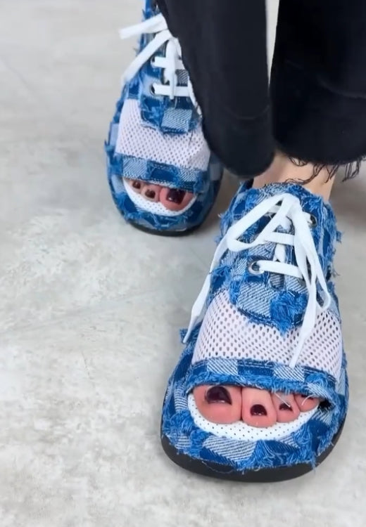 Fishing net patchwork denim breathable sandals