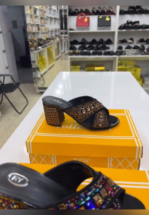 Colored square rhinestone high-heeled slippers