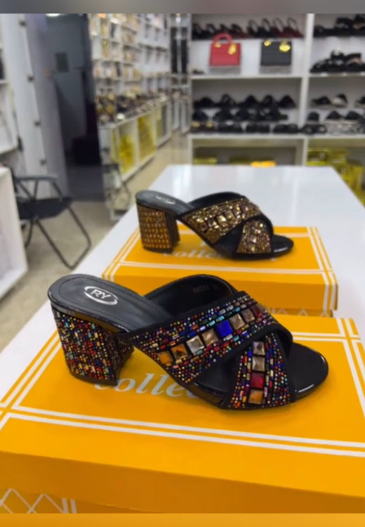 Colored square rhinestone high-heeled slippers